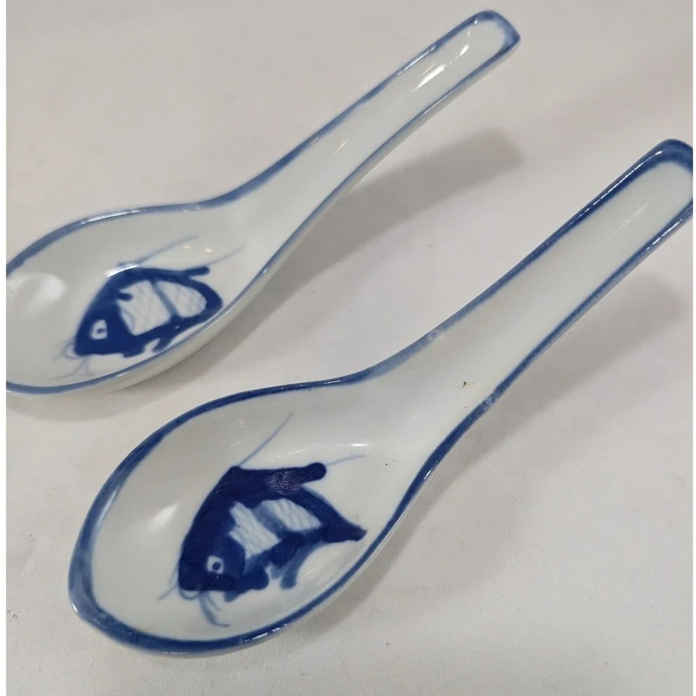 Vintage Chinese Blue and White Porcelain Fish Soup Spoons Set of 2 Made in China